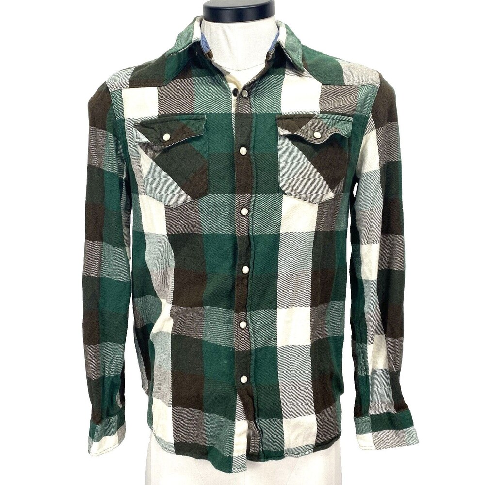 Twenty One Men Plaid Shirt Sz S Green/Brown Plaid Pearl Snap Long Sleeve RN94981
